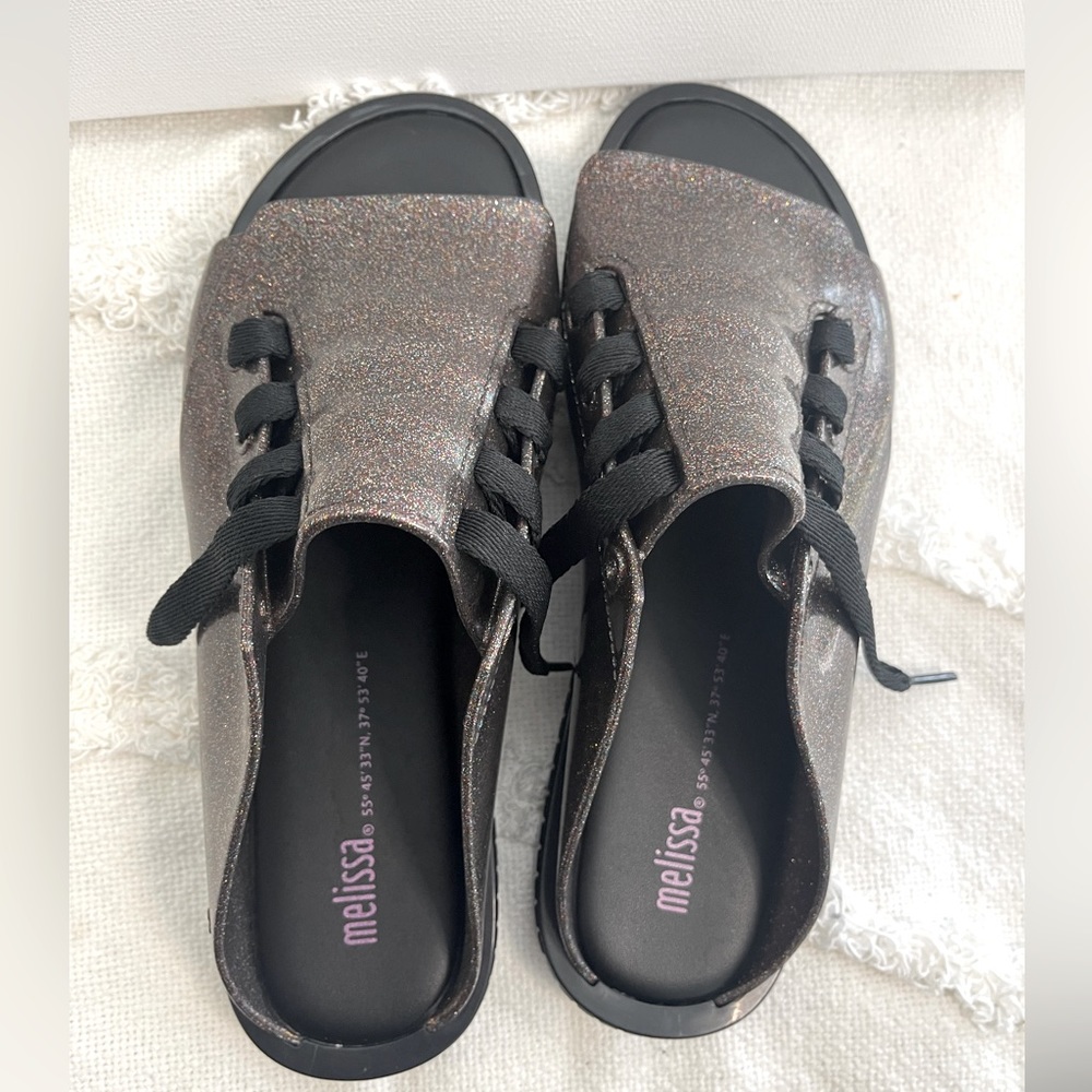 Melissa Ulitsa black glitter sandals, size 8